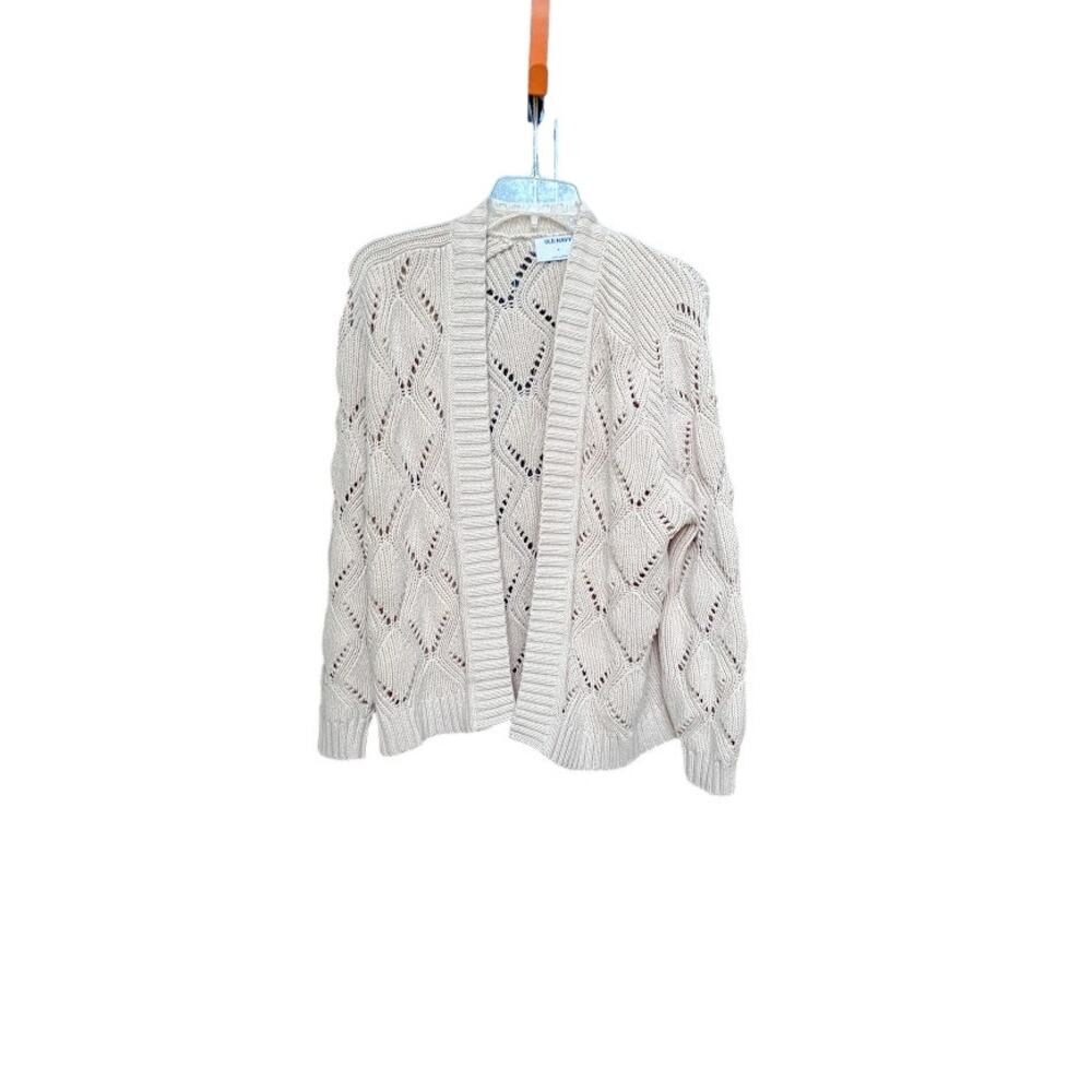 Old Navy Cardigan Sweater Open Front Diamond Pattern Beige Size M